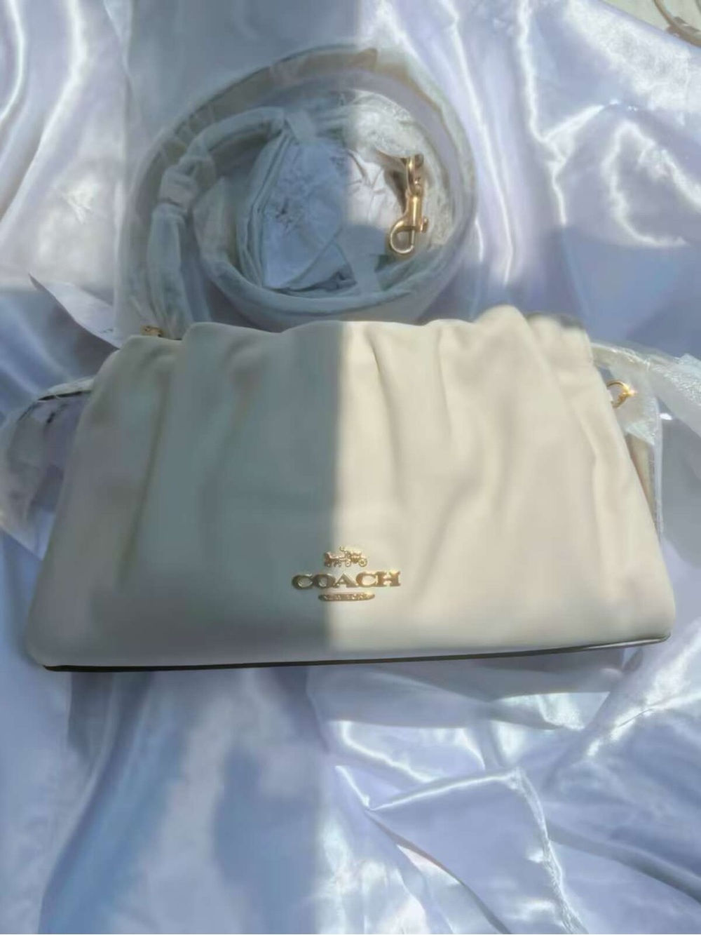Coach Cream Leather Ruched Crossbody with Gold Hardware